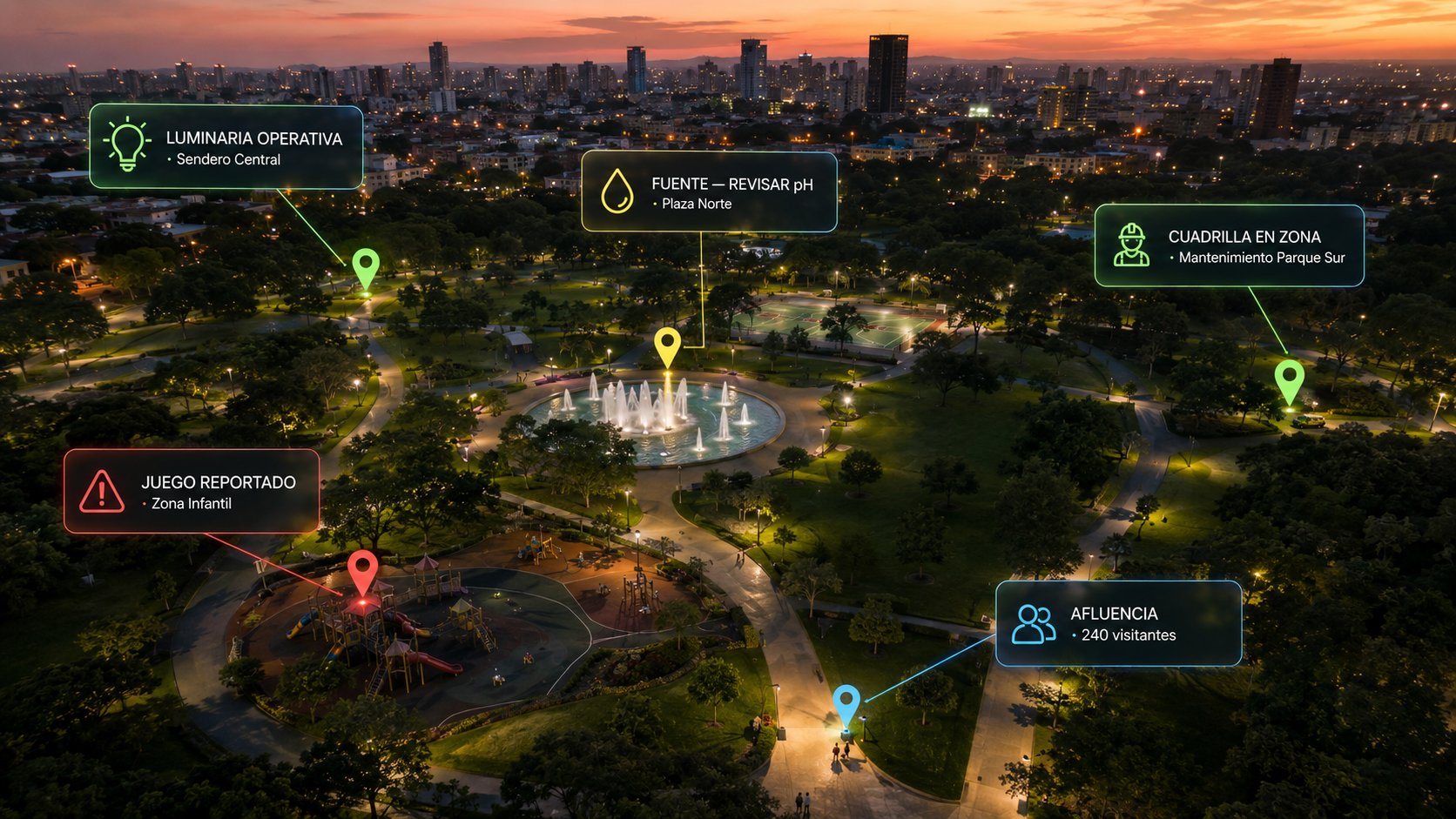 Parque urbano al atardecer operado con InfraOpera: alertas en tiempo real de luminaria operativa, fuente con pH a revisar, cuadrilla en zona, juego reportado en zona infantil y conteo de afluencia de visitantes